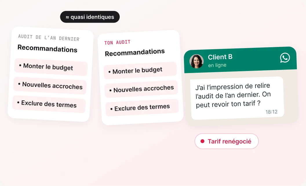 Message WhatsApp d’un client qui trouve l’audit identique à celui de l’an dernier