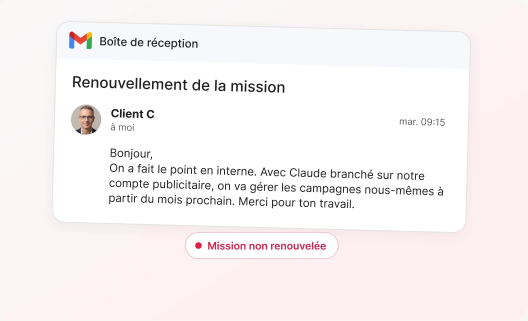 E-mail d’un client qui annonce qu’il va gérer ses campagnes lui-même avec Claude