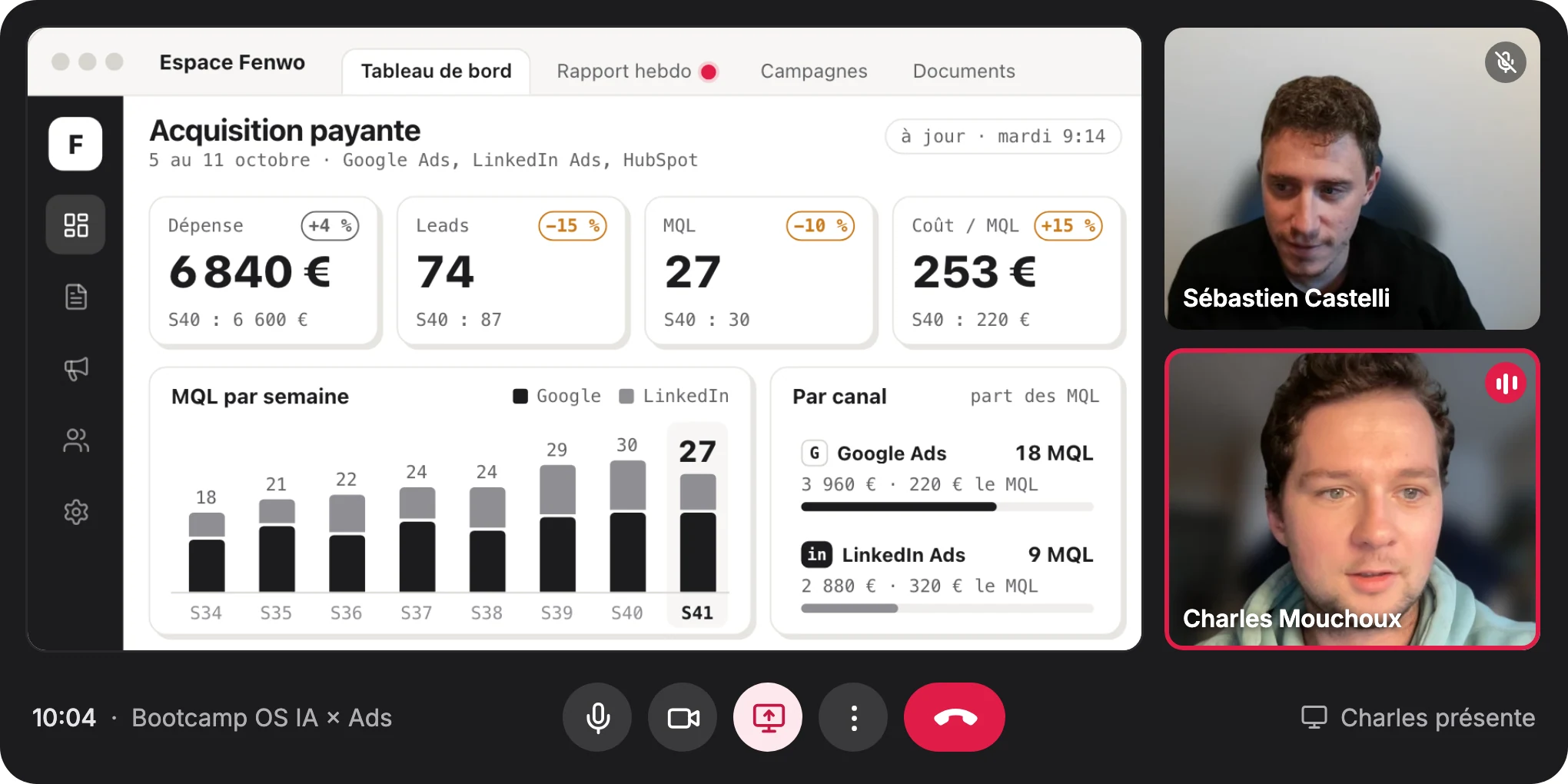 Sébastien Castelli et Charles Mouchoux en visio : Charles partage le tableau de bord de l’OS IA × Ads, avec la dépense, les leads, les MQL et le coût par MQL de la semaine